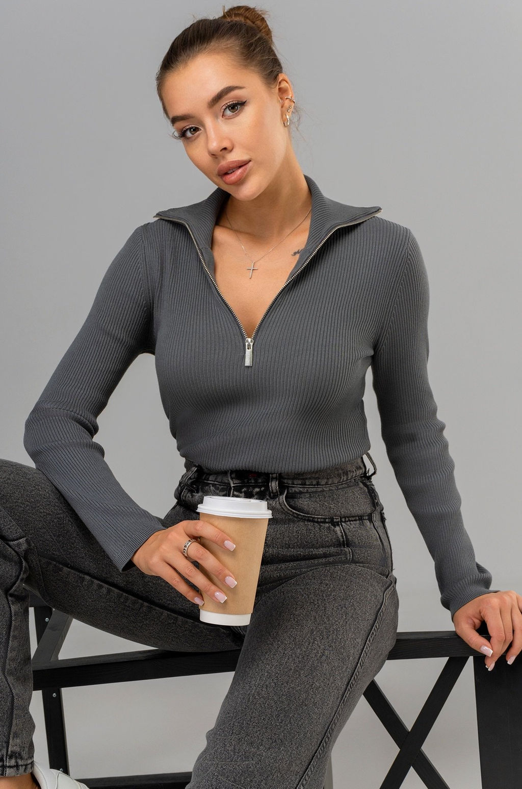 Женский джемпер в рубчик с воротником на молнии Happyfox - Happy fox фото 11