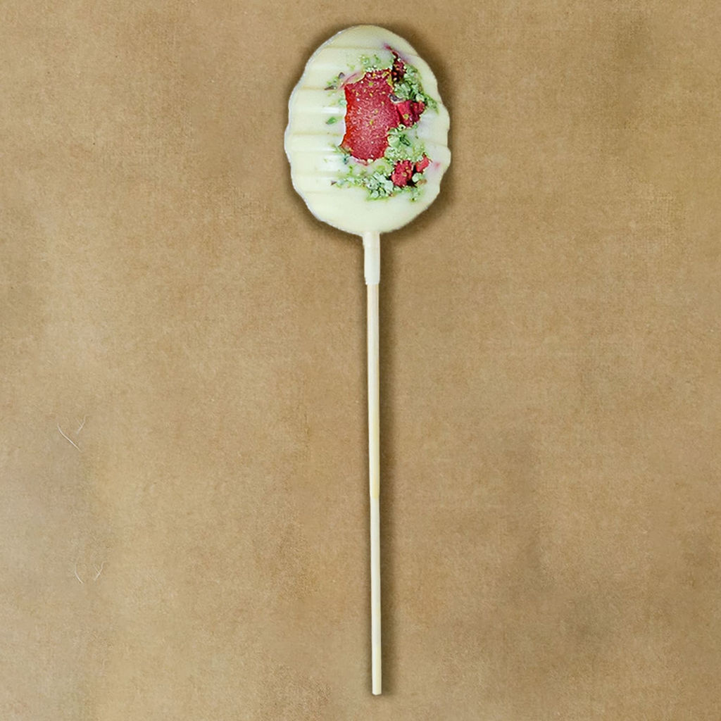 Шоколад белый с клубникой, папайей и фисташками на палочке, Шоколад белый с клубникой, папайей и фисташками на палочке (овал), 20г - Hunterberry фото 3