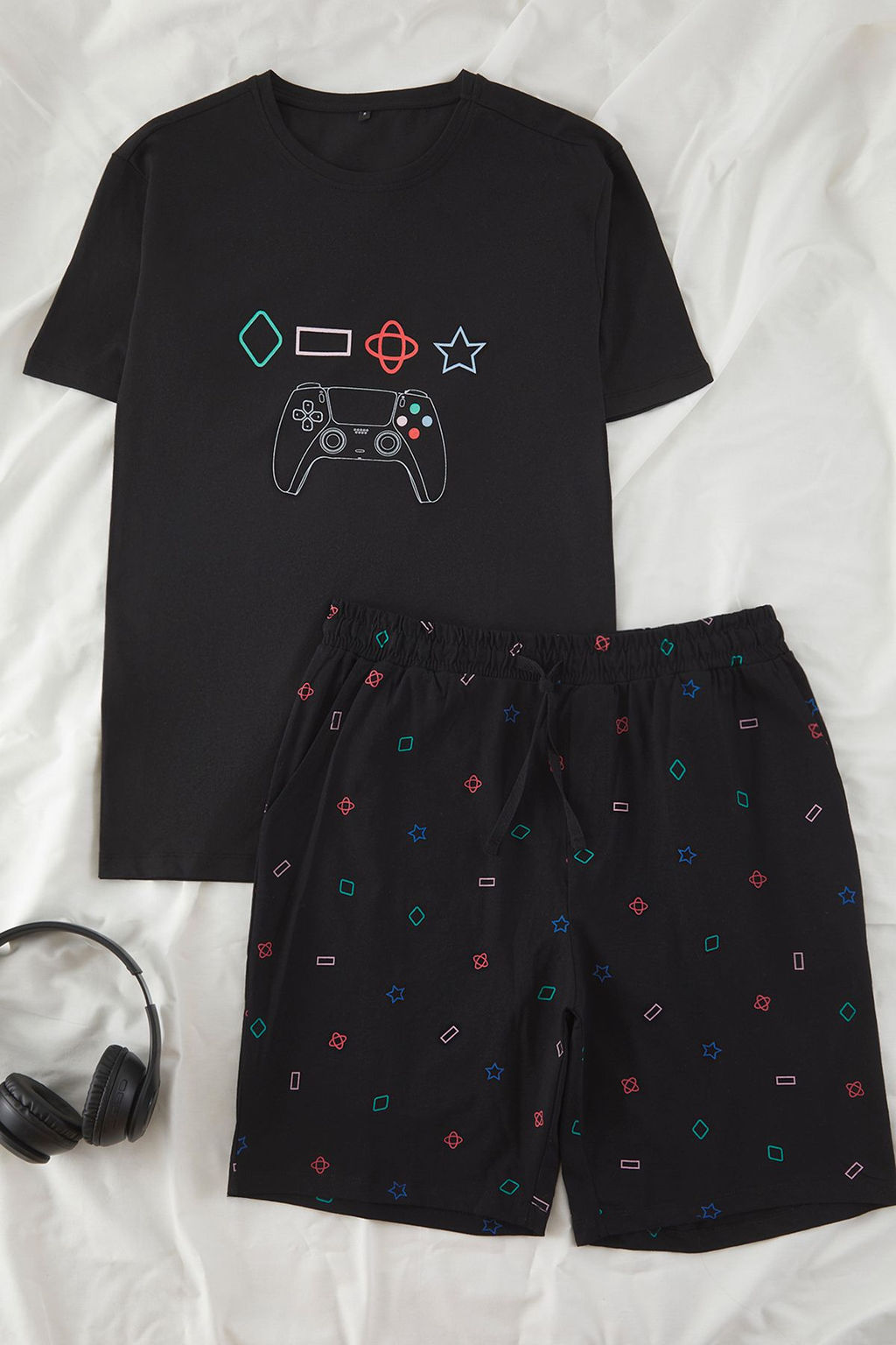 TRENDYOL MAN Siyah Regular Game Bask?l? Orme Sortlu Pijama Tak?m? TMNSS25PT00077 - Trendyolmilla фото 2