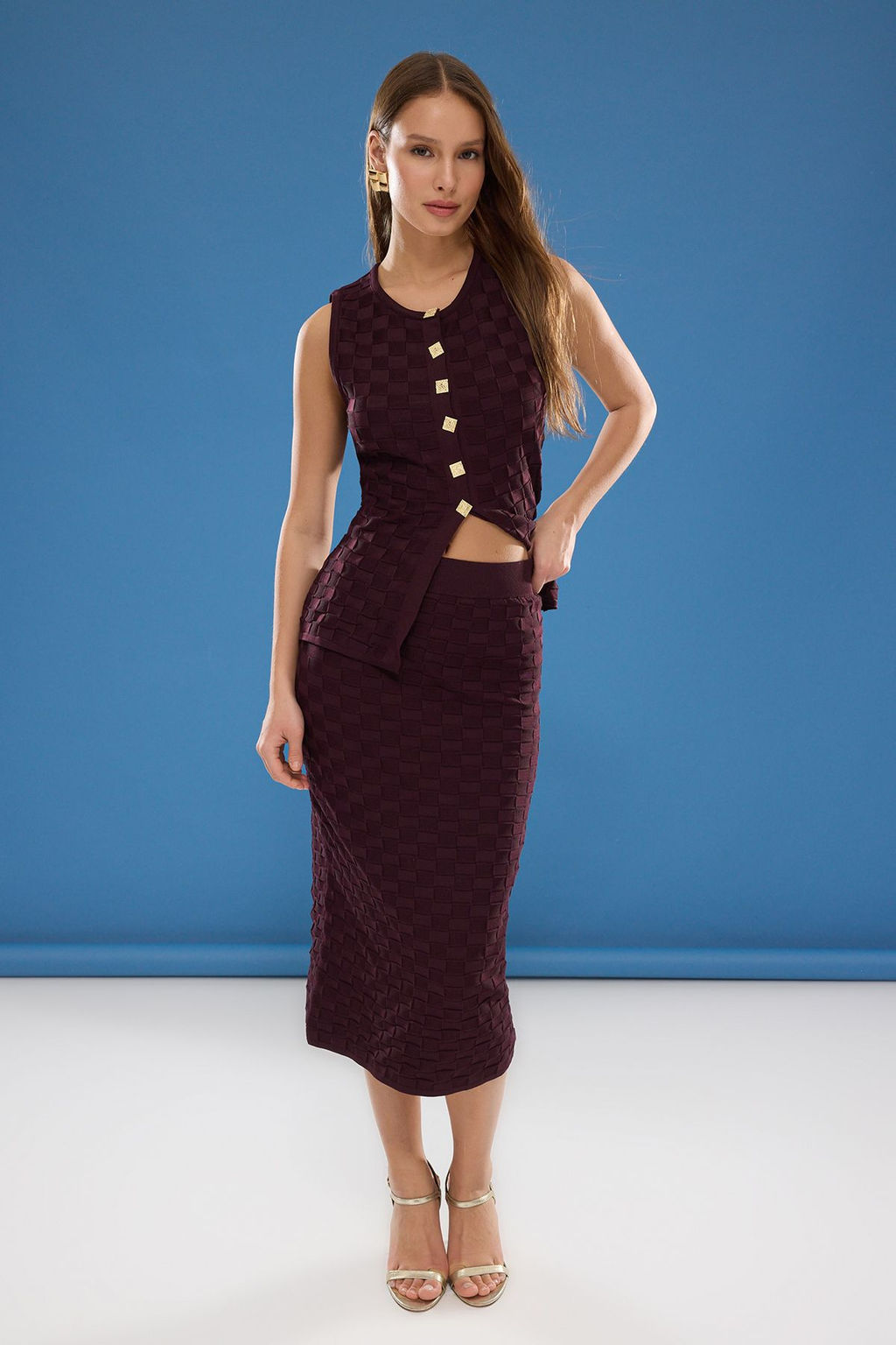 Bordo Kare Desenli Dugme Detayl? Yelek-Etek Alt-Ust Tak?m TWOSS25AU00051 - Trendyolmilla фото 3