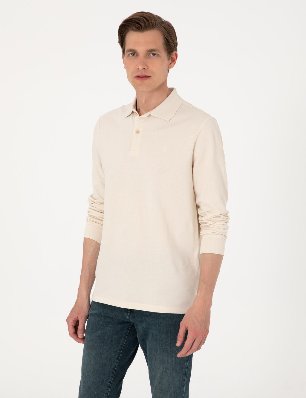 Bej Slim Fit K_vr_lmaz Polo Yaka Basic Pike Sweatshirt