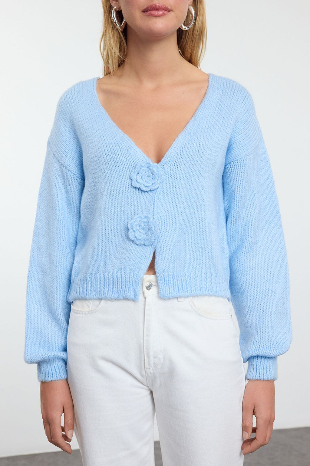 Ac?k Mavi Gul Detayl? Triko Yumusak Dokulu H?rka TWOAW25HI00242