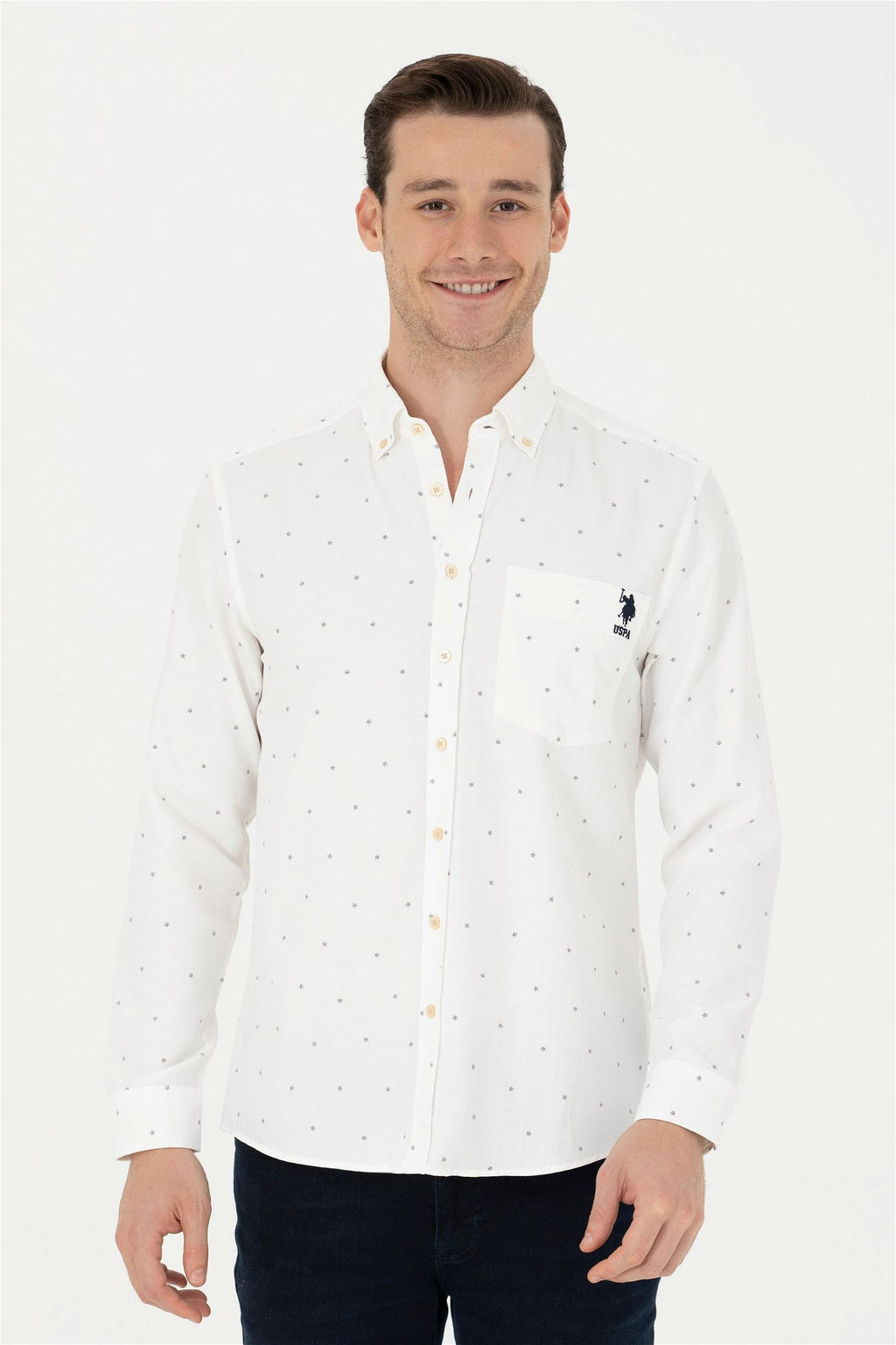 Мужская рубашка с длинным рукавом цвета экрю - U.s. polo assn фото 3