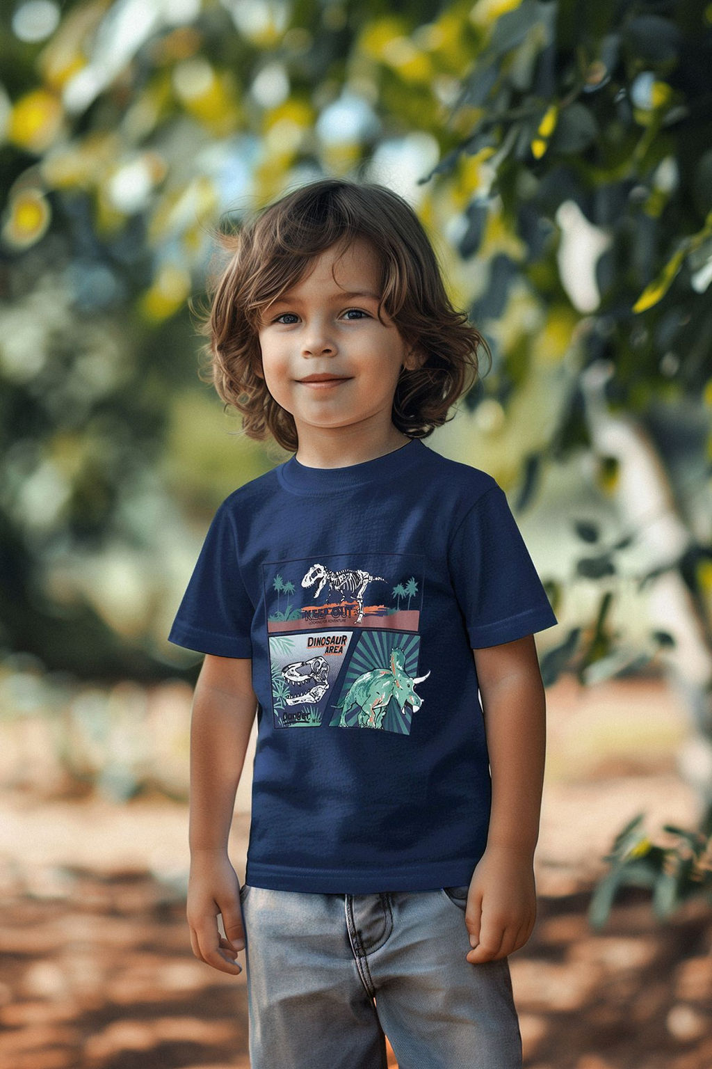 Lacivert Erkek Cocuk %100 Pamuk Dinozor Desenli Regular Kal?p K?sa Kol Orme T-Shirt TKDSS24TS00011