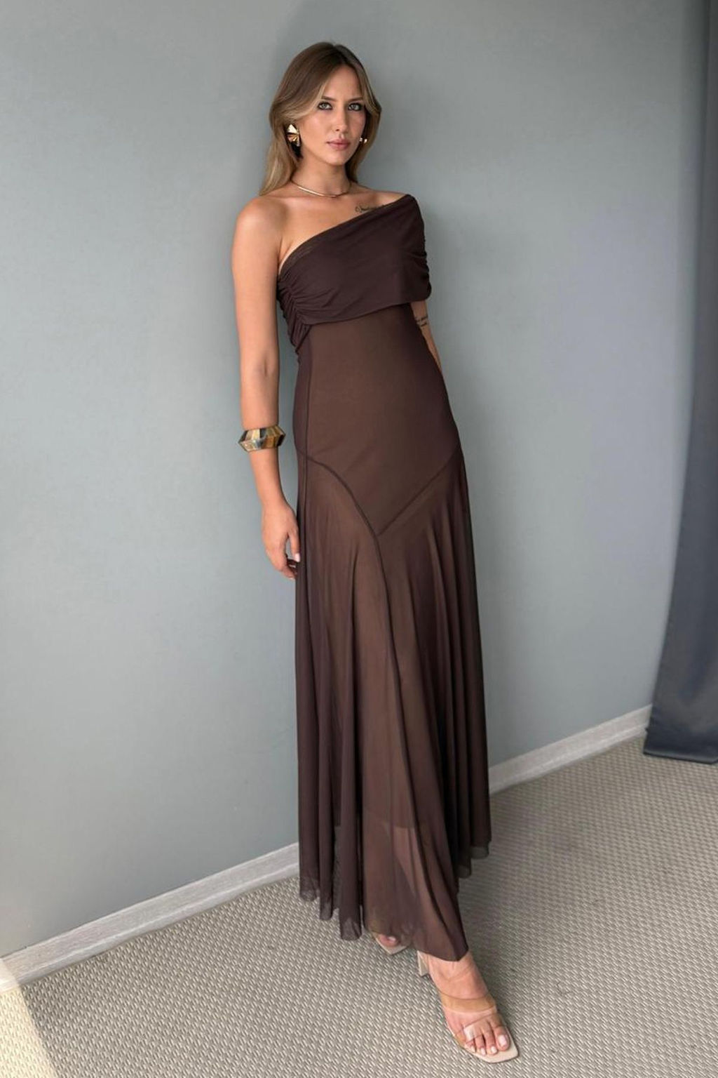 Ac?k Turuncu Desenli Kay?k Yaka Dokuma Maxi Abiye Gece Mezuniyet Elbisesi TPRSS25AE00190 - Trendyolmilla фото 15