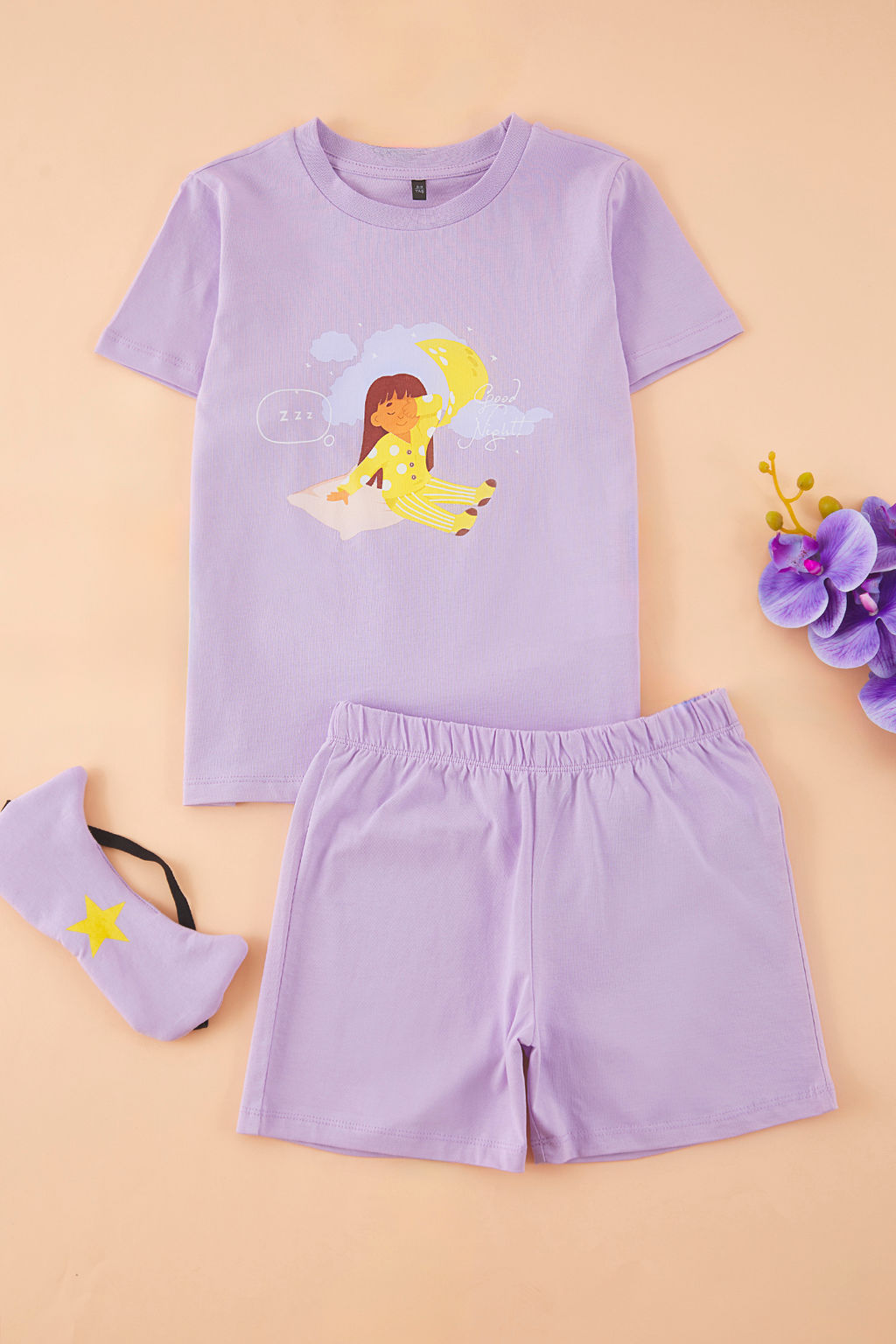 Ekru 3lu K?z Cocuk %100 Pamuk Bask?l? Uyku Bantl? K?sa Kol Orme Pijama Tak?m? TKDSS25PT00036