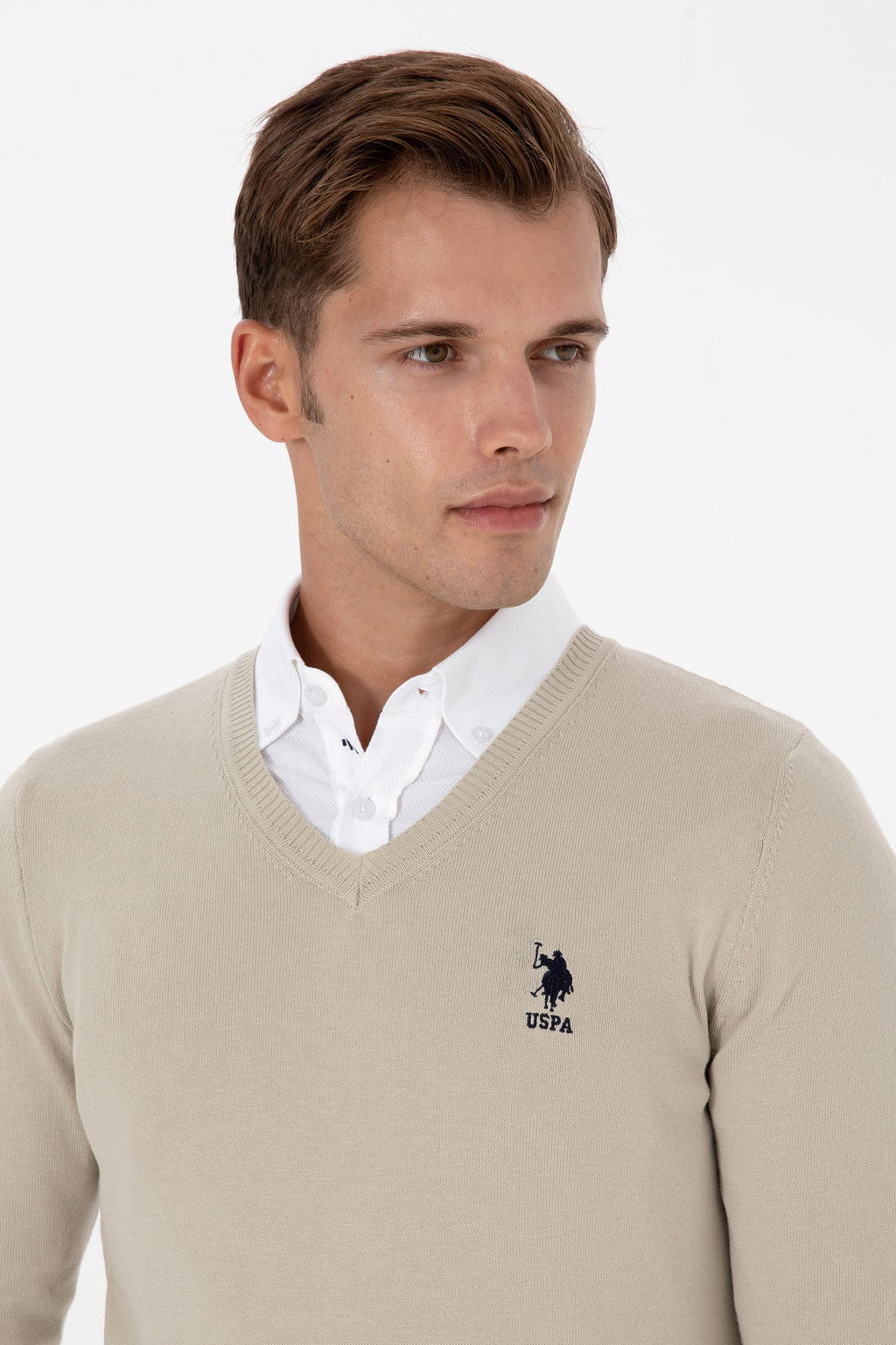 Erkek Slim Fit V Yaka A__k Haki Basic Kazak