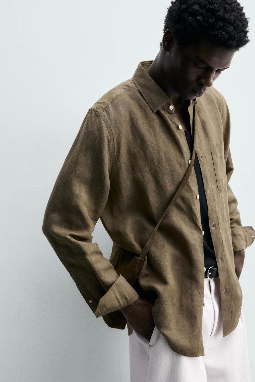 CAMISA REGULAR FIT LINO - LYOCELL / Khaki - Zara фото 5