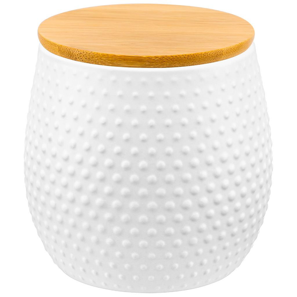 Банка д/хранения 850 мл 12*12*11,5 см "Пузырьки" белая с бамб. крышкой с сил. упл.