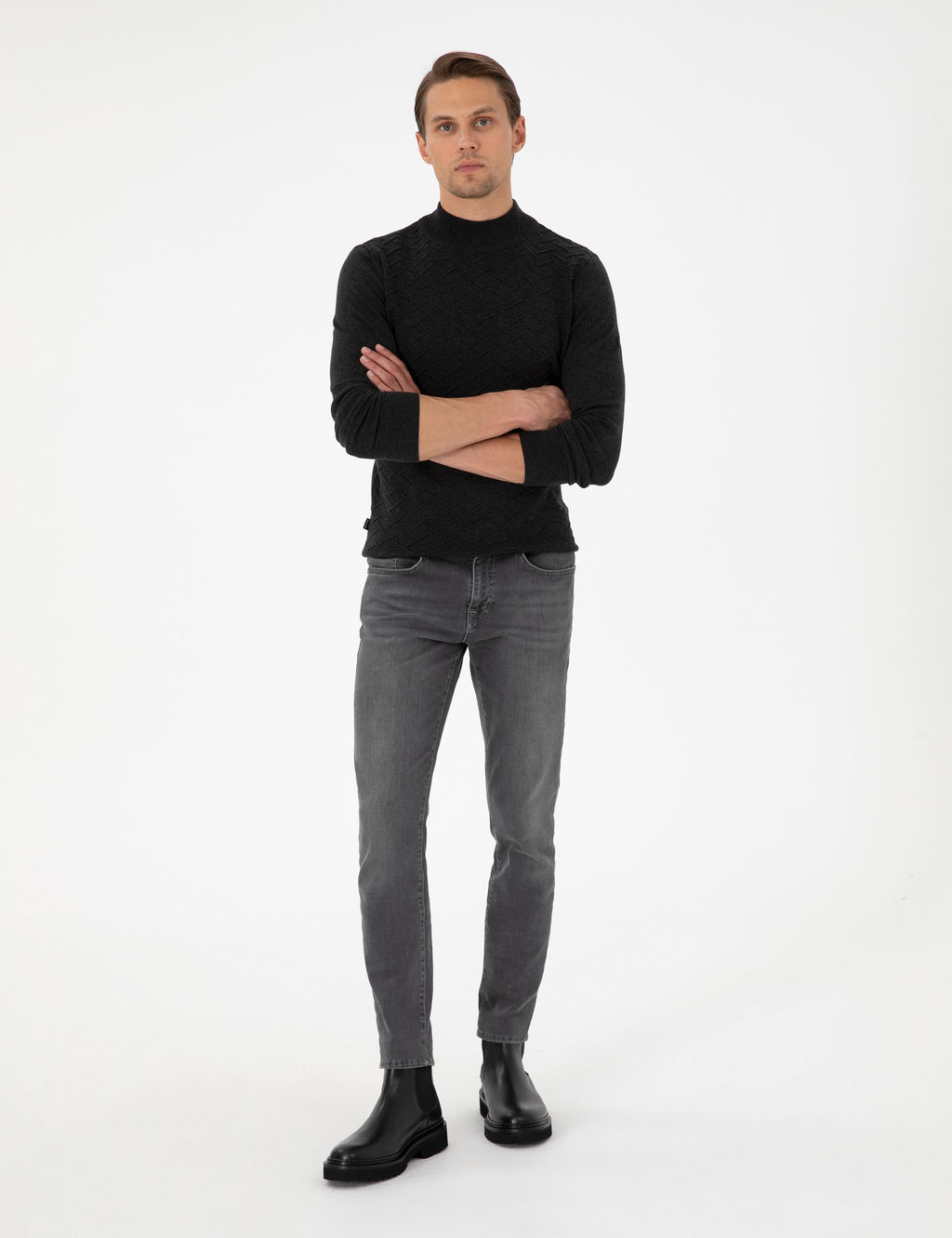 Antrasit Melanj Slim Fit Yar_m Bal_k__ Yaka Triko Kazak - Pierre cardin фото 4