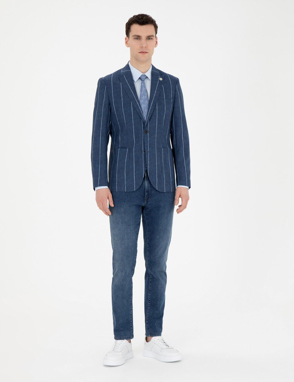 Lacivert Slim Fit _izgili Y_n Blazer Ceket