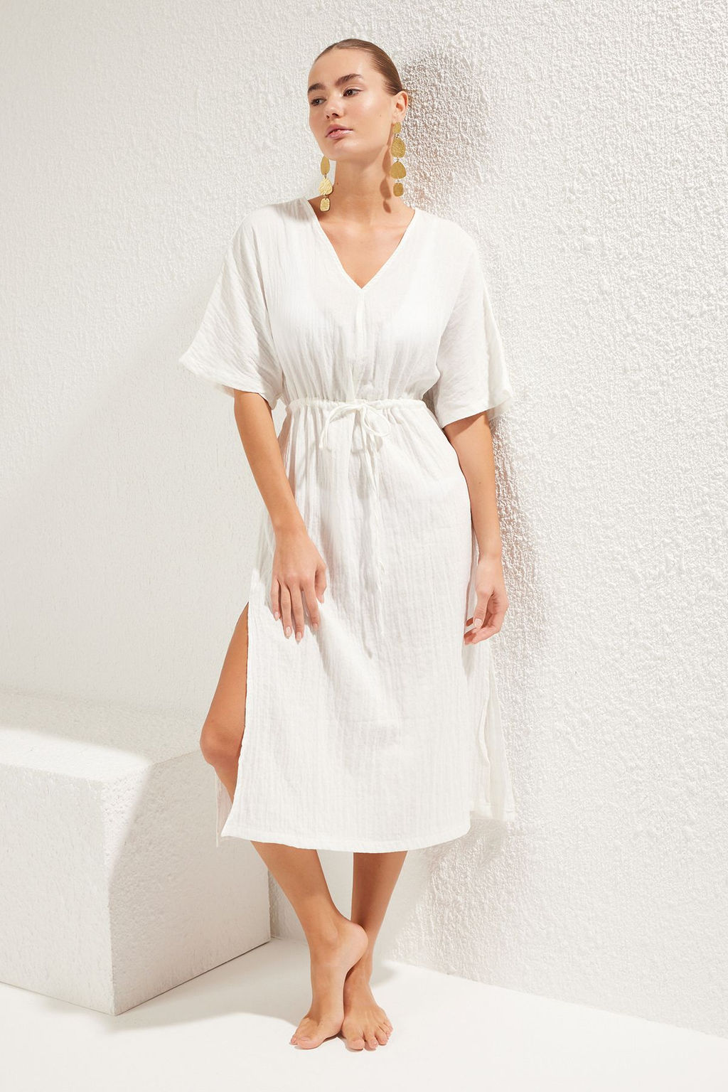 Trendyolmilla Haki Midi Dokuma Buzgu Detayl? Muslin Plaj Elbisesi TBESS25EL00008 фото 15