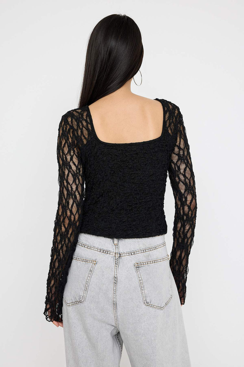 Teen Siyah Dugmeli Fitted/Vucuda Oturan Dantel Orme Bluz TWOAW26BZ00016