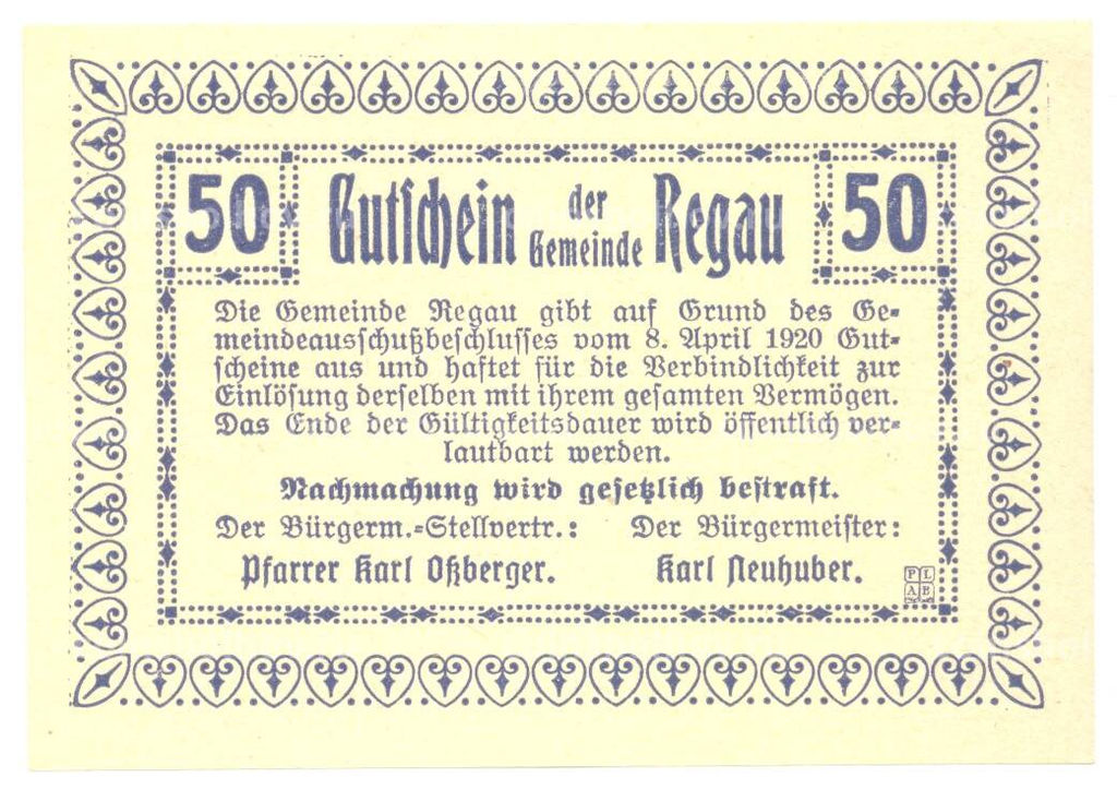 Банкнота 50 геллеров 1920 года Австрия Нотгельд
