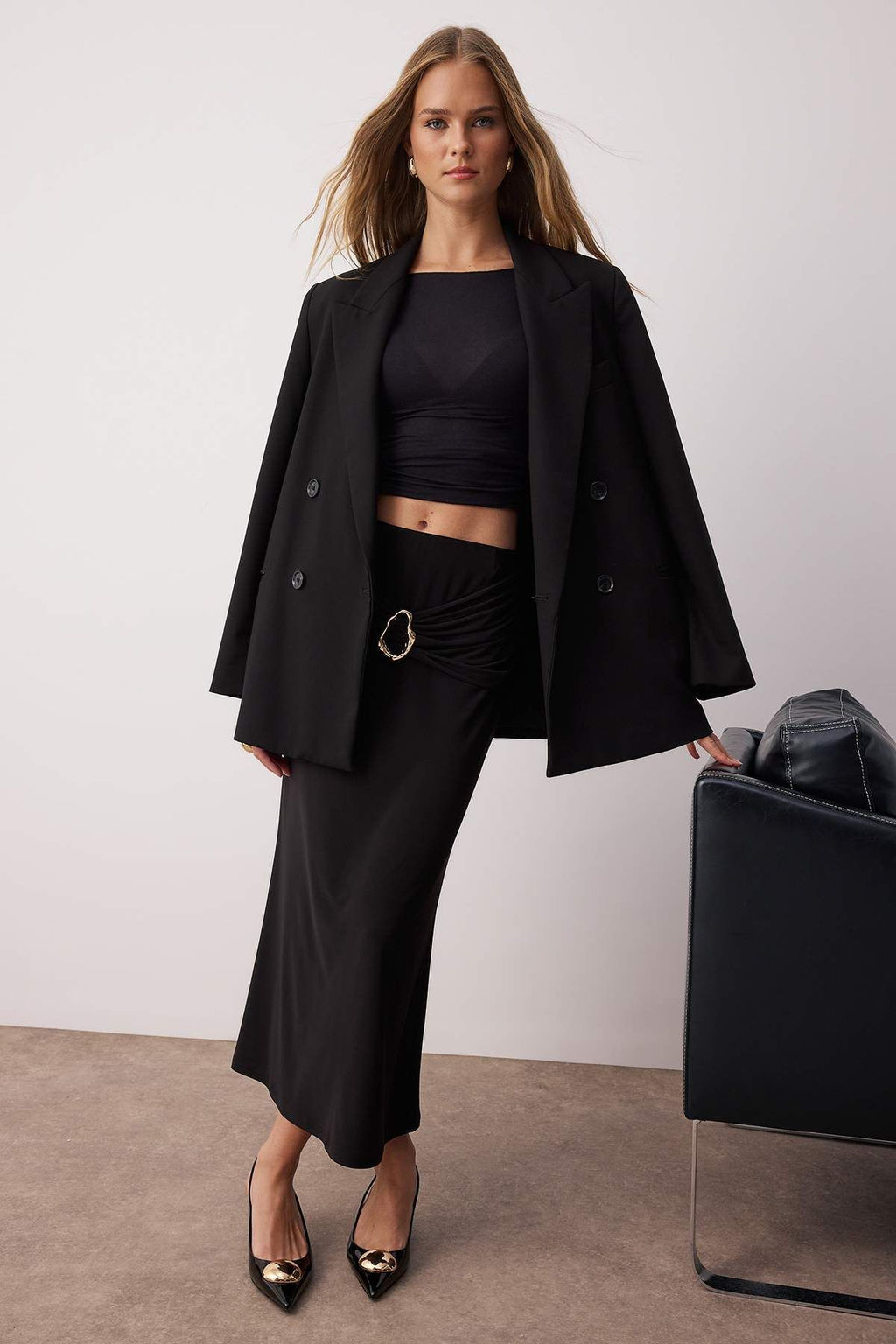 Siyah Aksesuar Detayl? A-line/Can Ac?lan Esnek Orme Midi Etek TWOAW26ET00020