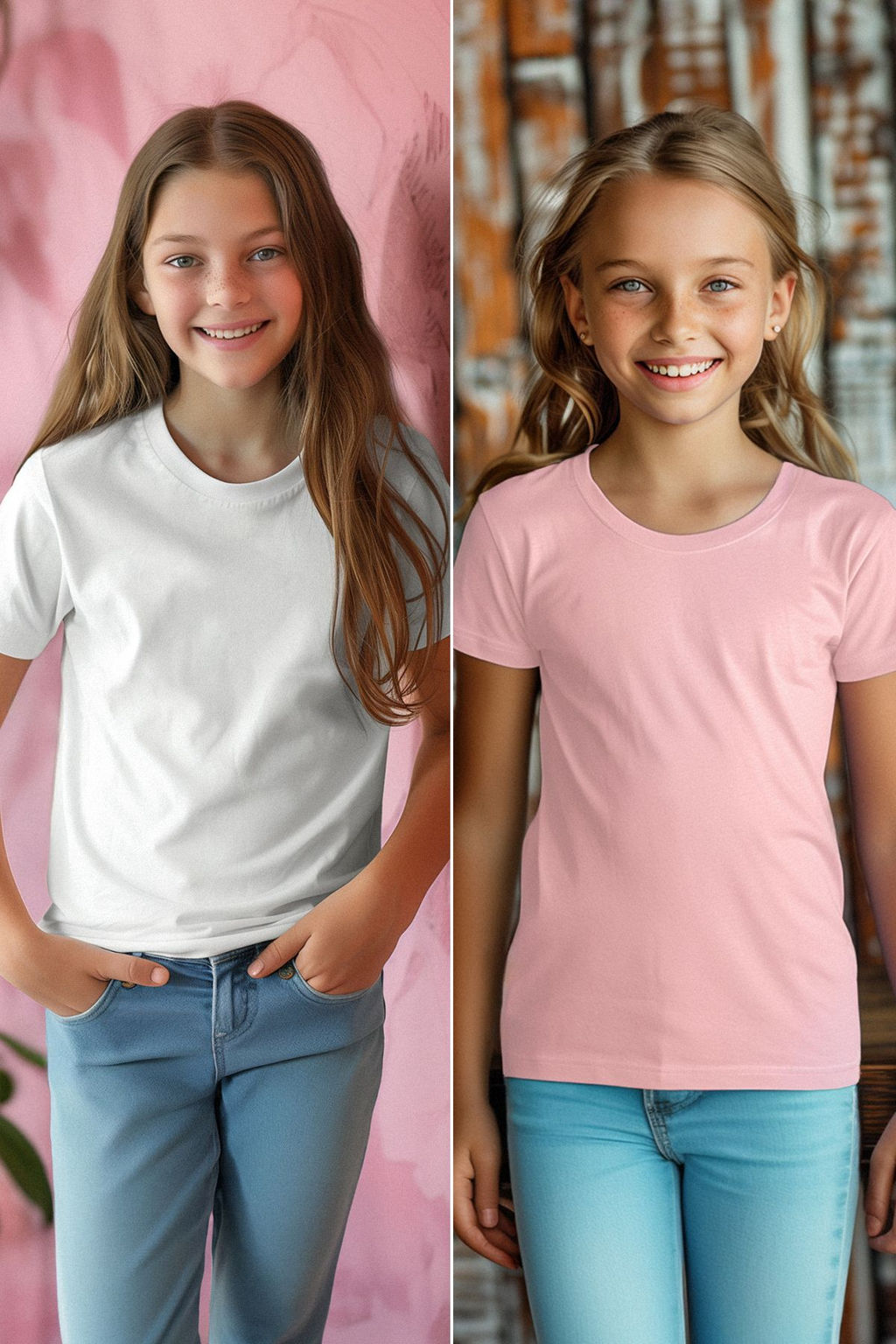 Beyaz-Pembe 2li K?z Cocuk Pamuklu Basic Regular Kal?p K?sa Kol Orme T-Shirt TKDSS24TS00021