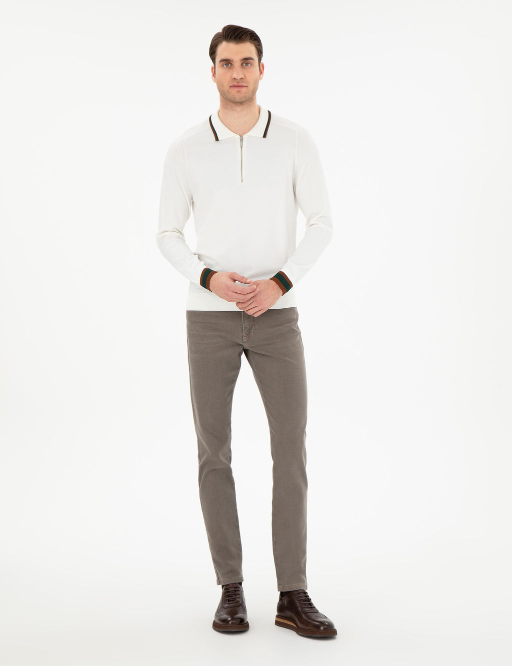 Ekru Slim Fit Fermuarl_ Polo Yaka Kazak