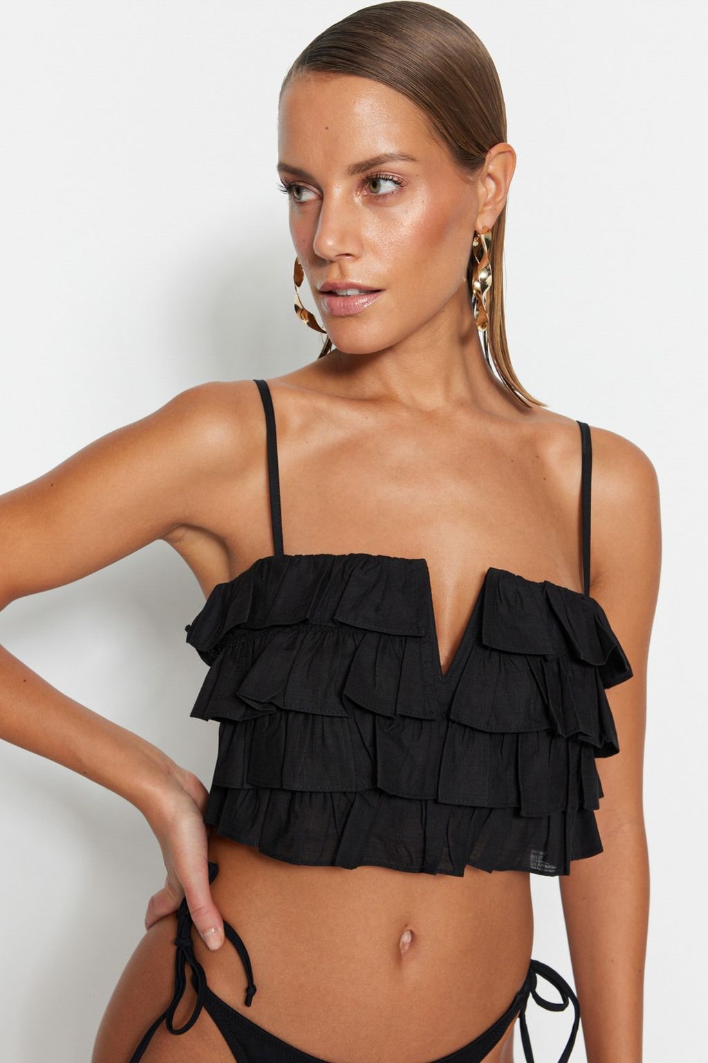 Trendyolmilla Beyaz Crop Dokuma Flaml? Pamuk F?rf?rl? Plaj Bluz TBESS21BZ0661  фото 14
