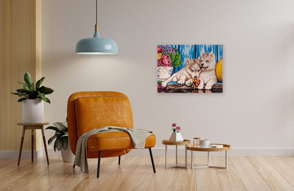 Кристальная (алмазная) мозаика ФРЕЯ ALPD-047 на подрамнике Щенки Хаски 40 х 30 см