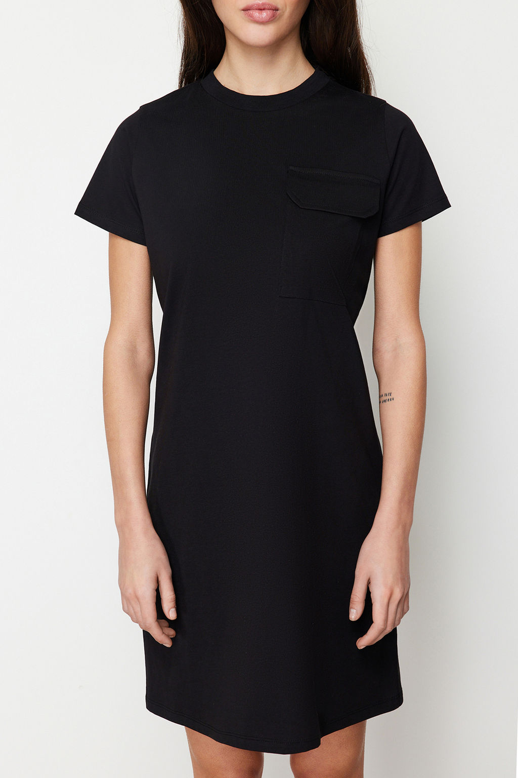 TRENDYOLMILLA Saks %100 Pamuk Cep Detayl? Bisiklet Yaka K?sa Kol Orme T-shirt Elbise TWOSS24EL00120  фото 4