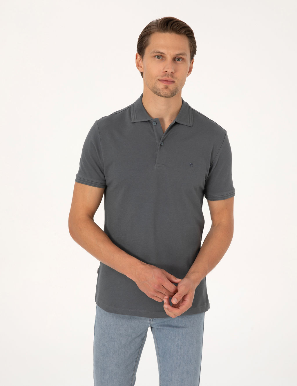Antrasit Slim Fit %100 Pamuk K_vr_lmaz D__meli Polo Yaka Basic Ti__rt