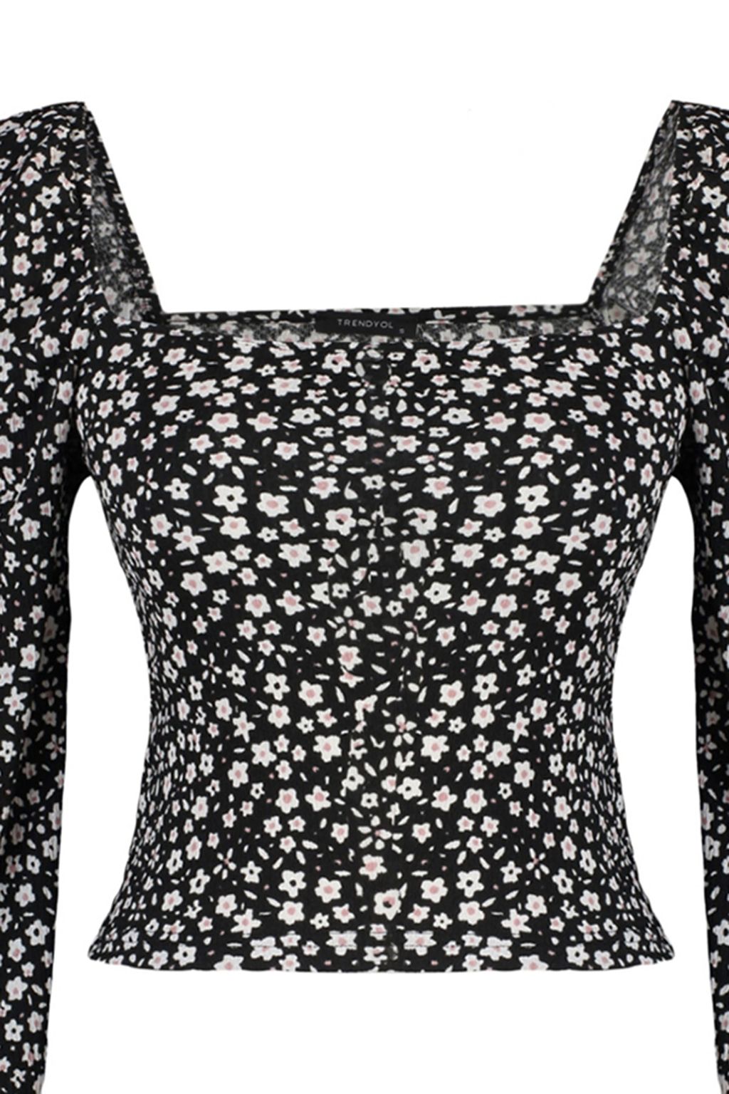 Trendyolmilla Siyah Cicek Desenli Fitted/Vucuda Oturan Kare Yaka Burumcuk/Dokulu Orme Bluz TWOAW22BZ0254 фото 7