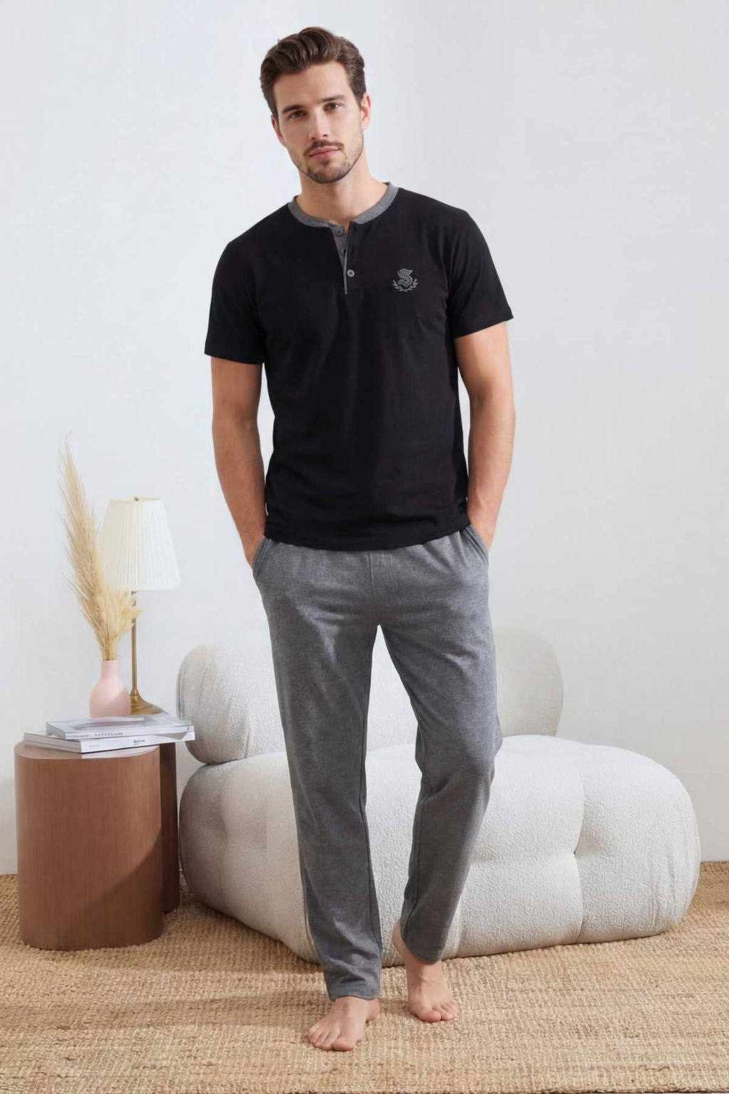 Siyah Regular Dugmeli Yaka Orme Pijama Tak?m? TMNSS26PT00033