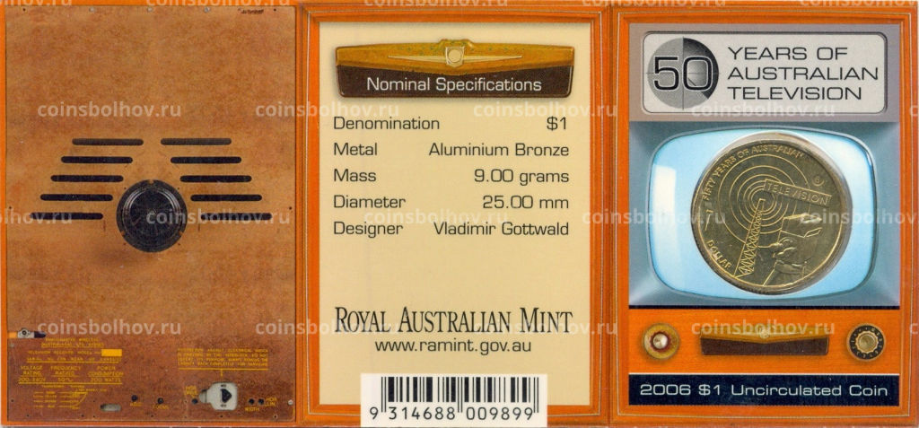 Монета 1 доллар 2006 года В Австралия 50 лет австралийскому телевидению (в блистере)
