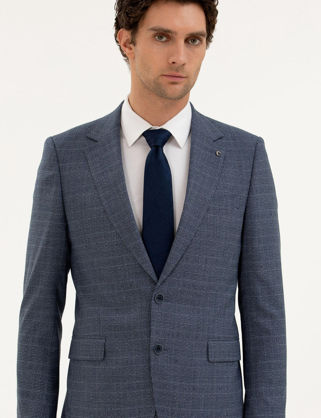 Mavi Slim Fit Kareli Tak_m Elbise