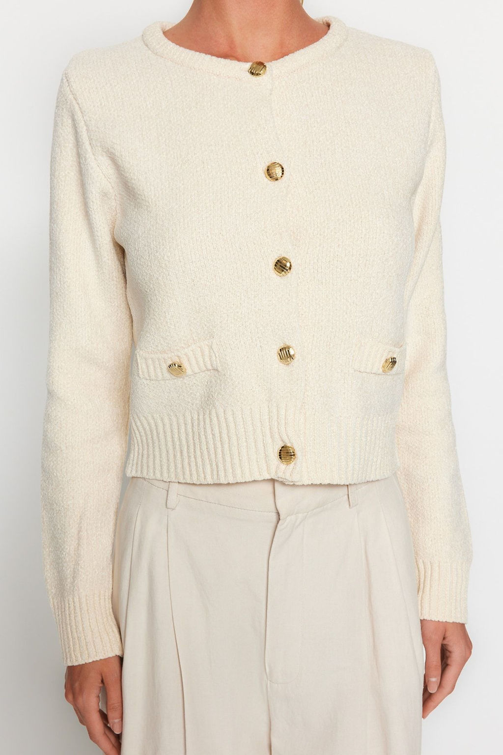 Ekru Crop Premium Iplik/Ozel Iplik Cep Detayl? Triko H?rka TWOAW24HI00051