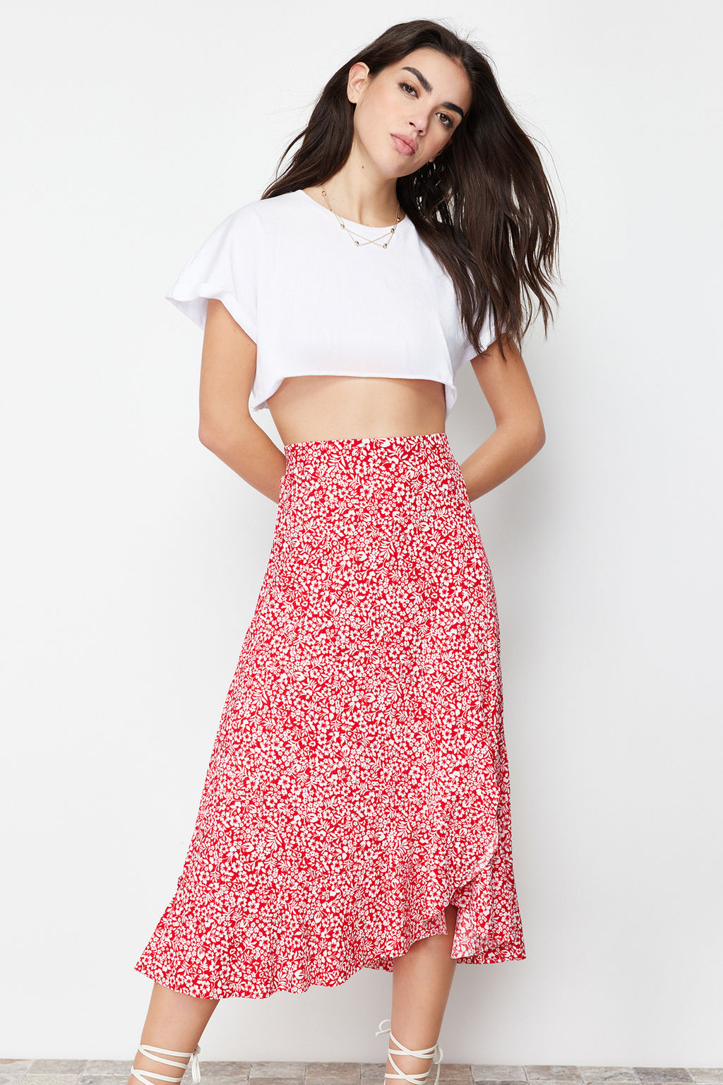TRENDYOLMILLA K?rm?z? Bask?l? Buzgu Detayl? ve Volanl? Yuksek Bel Esnek Etek TWOSS21ET0029 фото 36
