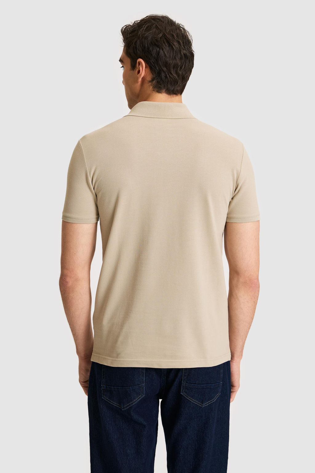 Erkek Slim Fit Polo Yaka A__k Haki Basic Ti__rt