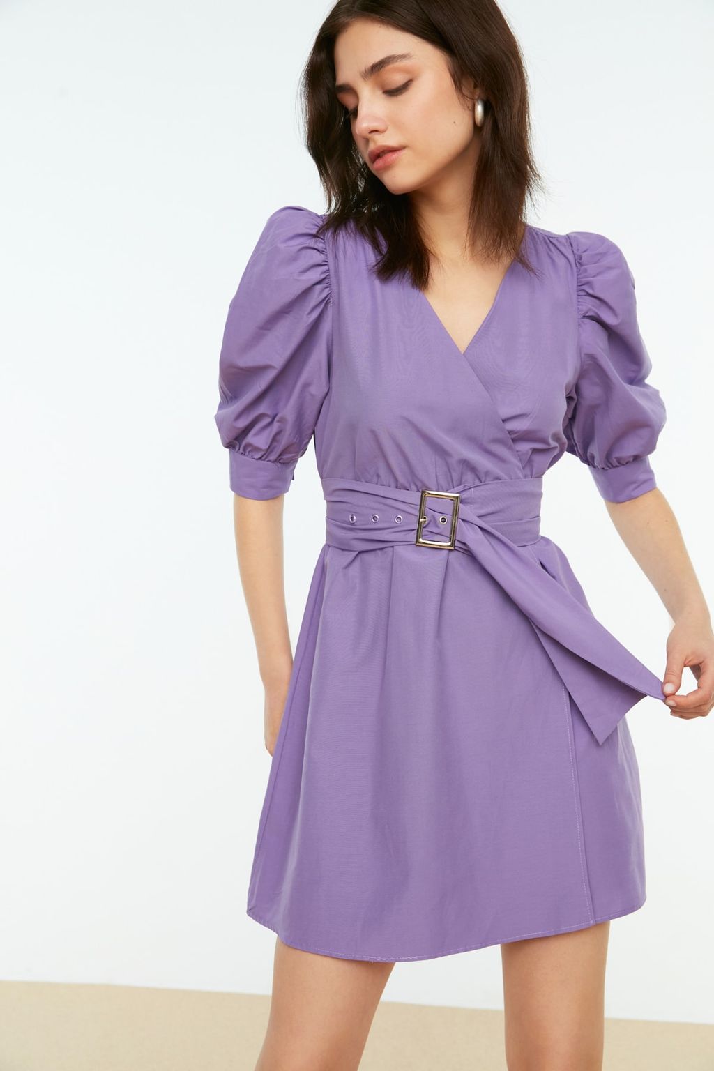 Lila Kemerli Belden Ac?lan Balon Kol Mini Dokuma Elbise TWOSS20EL0619