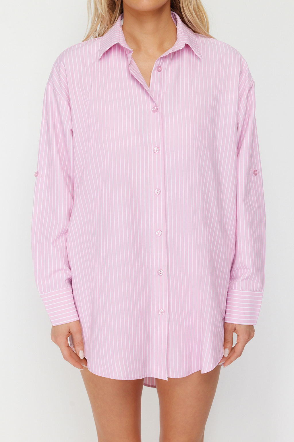 TRENDYOLMILLA Mavi Cizgili Dokuma Plaj Gomlegi TBESS22GO0664  фото 29