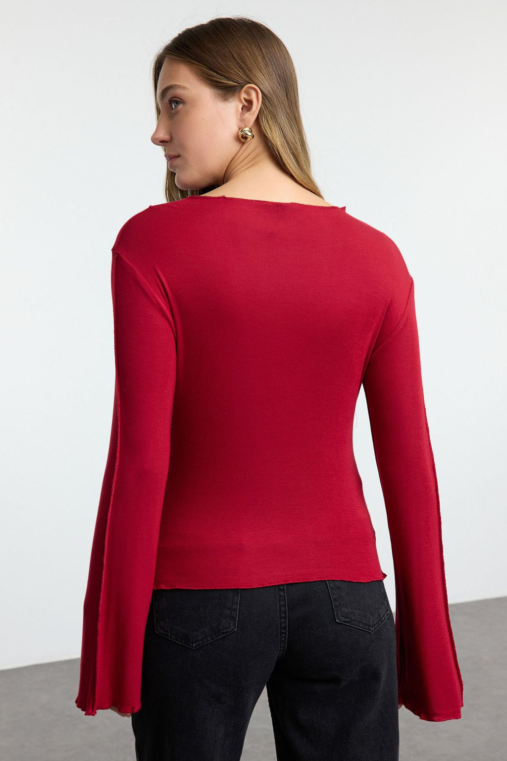 Bordo Nervur Detayl? Fitted/Vucuda Oturan Ispanyol Kol Orme Bluz TWOAW25BZ00244