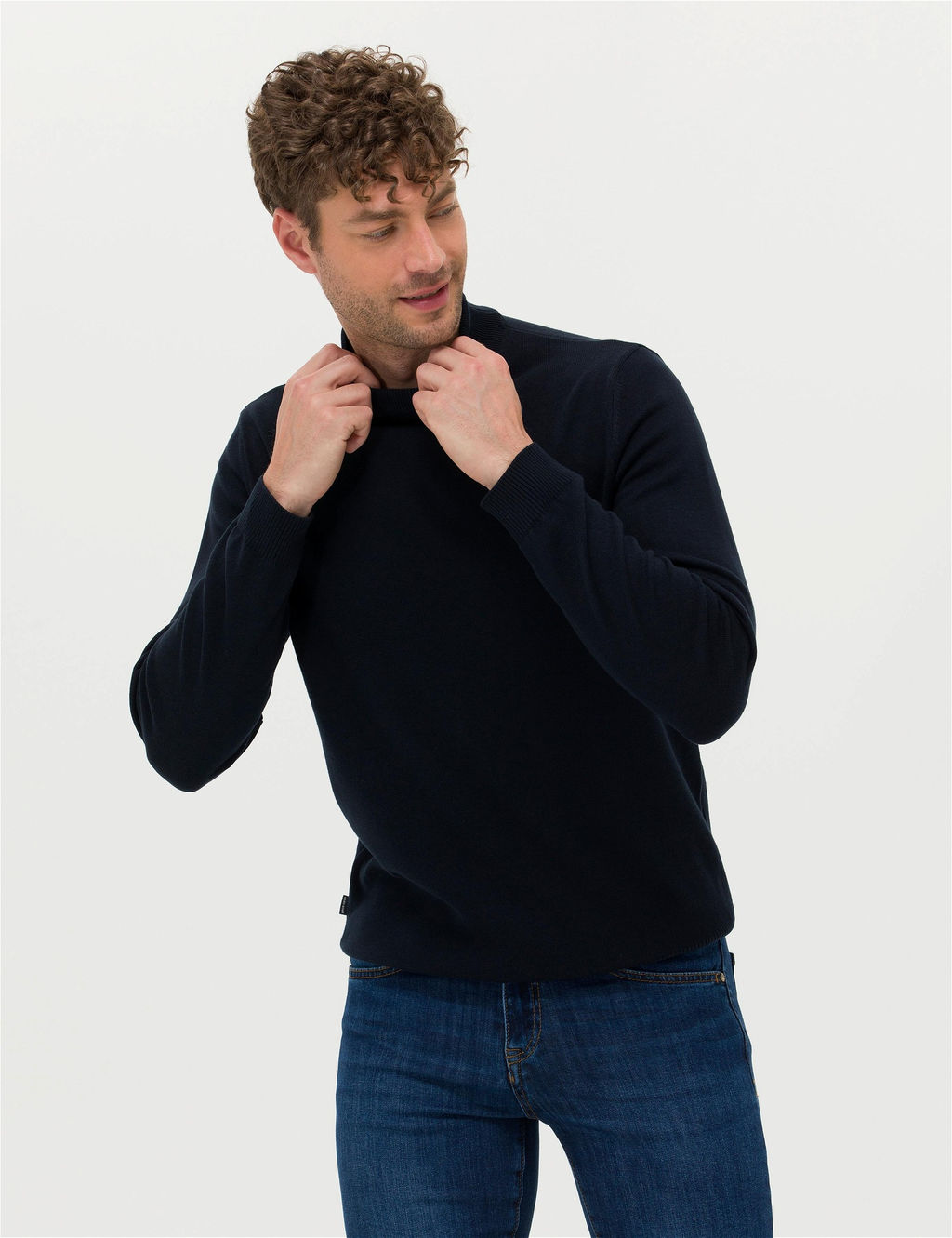 Lacivert Slim Fit Yar_m Bal_k__ Yaka Basic Triko Kazak