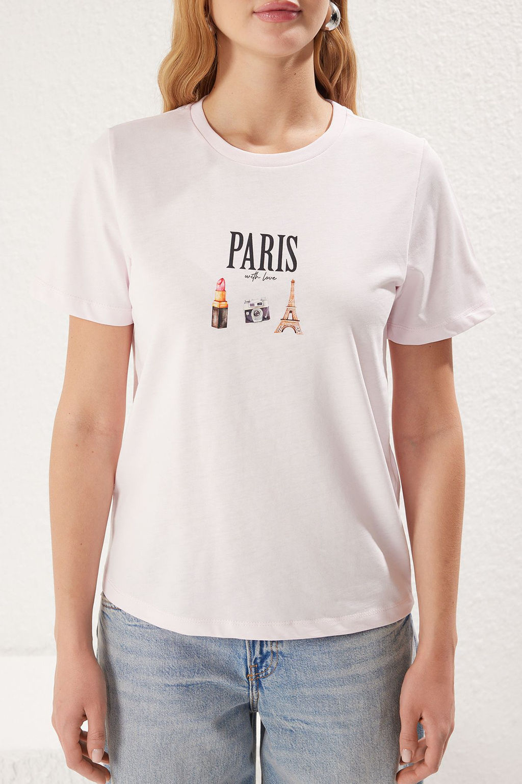 Trendyolmilla Ekru %100 Pamuk Regular/Normal Kal?p Slogan Bask?l? Orme T-Shirt TWOSS25TS00047 фото 3