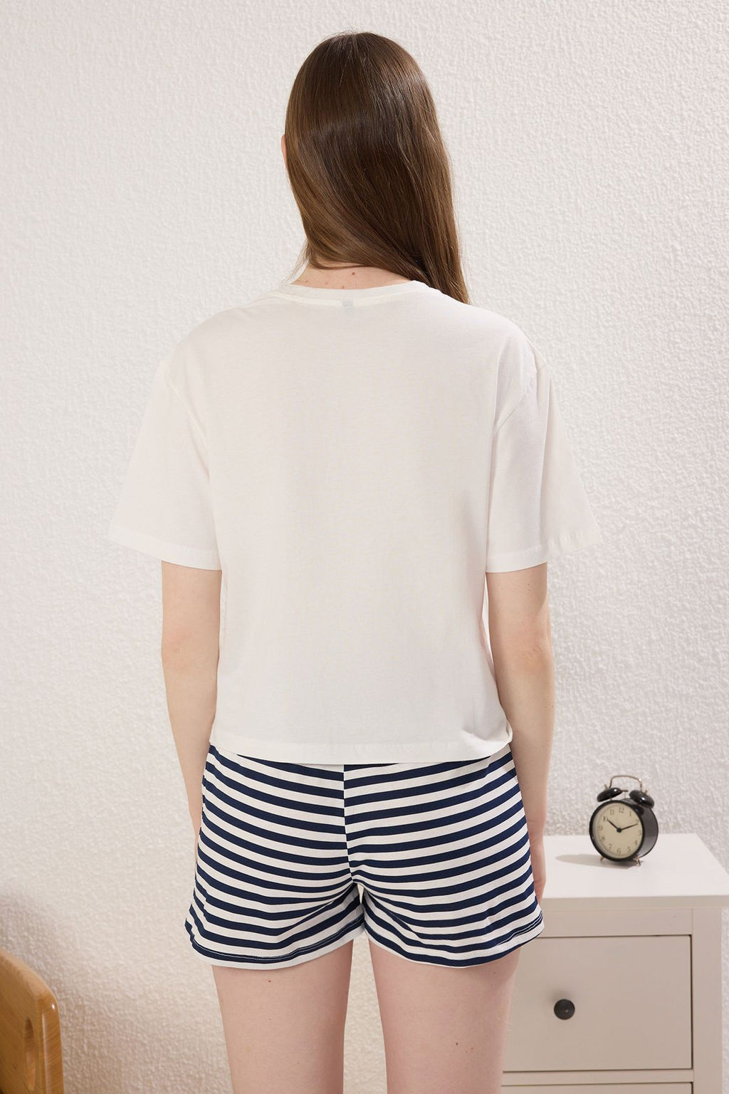 Trendyolmilla Kad?n Mini Me/Anne K?z Lacivert %100 Pamuklu Cizgili Sortlu Orme Pijama Tak?m? THMSS25PT00296  фото 6