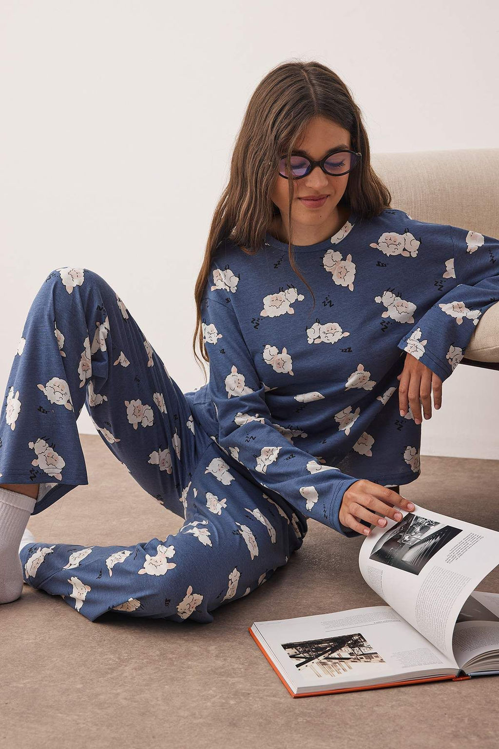 Lacivert Uyku Temal? Kuzu Desenli Orme Pijama Tak?m? THMAW26PT00046 - Trendyolmilla фото 5