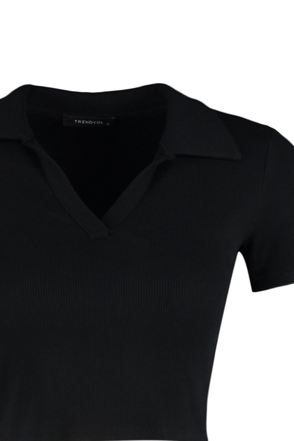 Siyah Fitted/Vucuda Oturan Crop Polo Yaka Fitilli Esnek Orme Bluz TWOSS21BZ0038