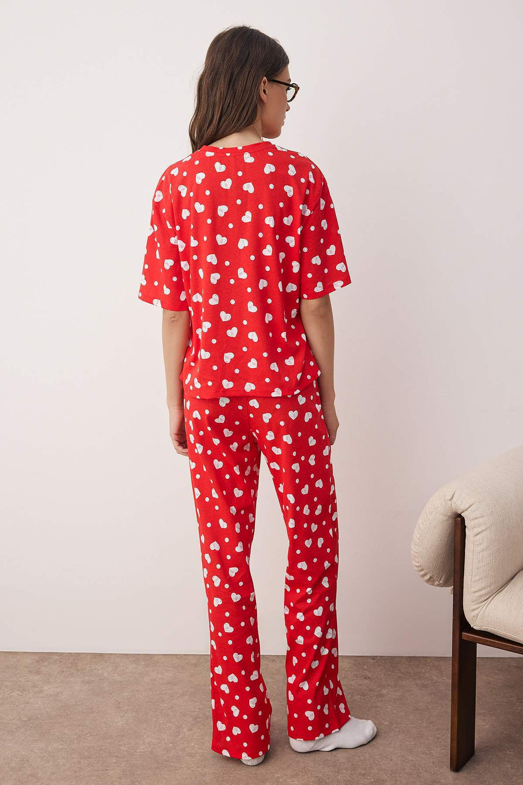 K?rm?z? %100 Pamuklu Kalpli Orme Pijama Tak?m? THMSS24PT00372
