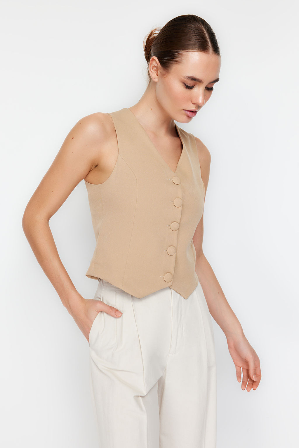 Vizon Fitted Dugmeli Crop Dokuma Yelek TWOSS21YE0009