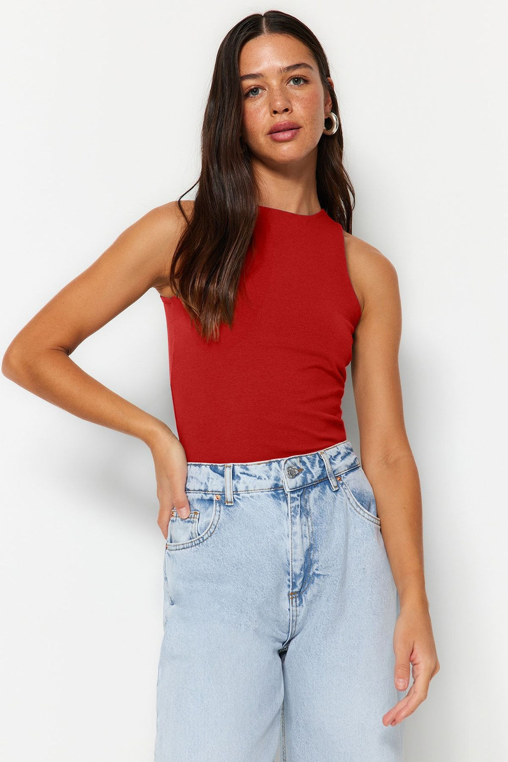 K?rm?z? Pamuklu Halter Yaka Fitted/Vucuda Oturan Esnek Orme Atlet TWOSS23AL00069