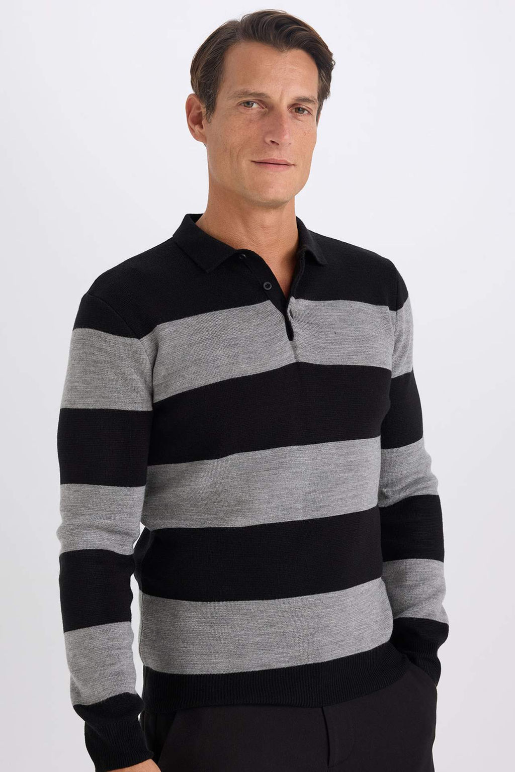 Standart Fit Normal Kesim Cizgili Polo Yaka Triko Kazak - Defacto фото 8