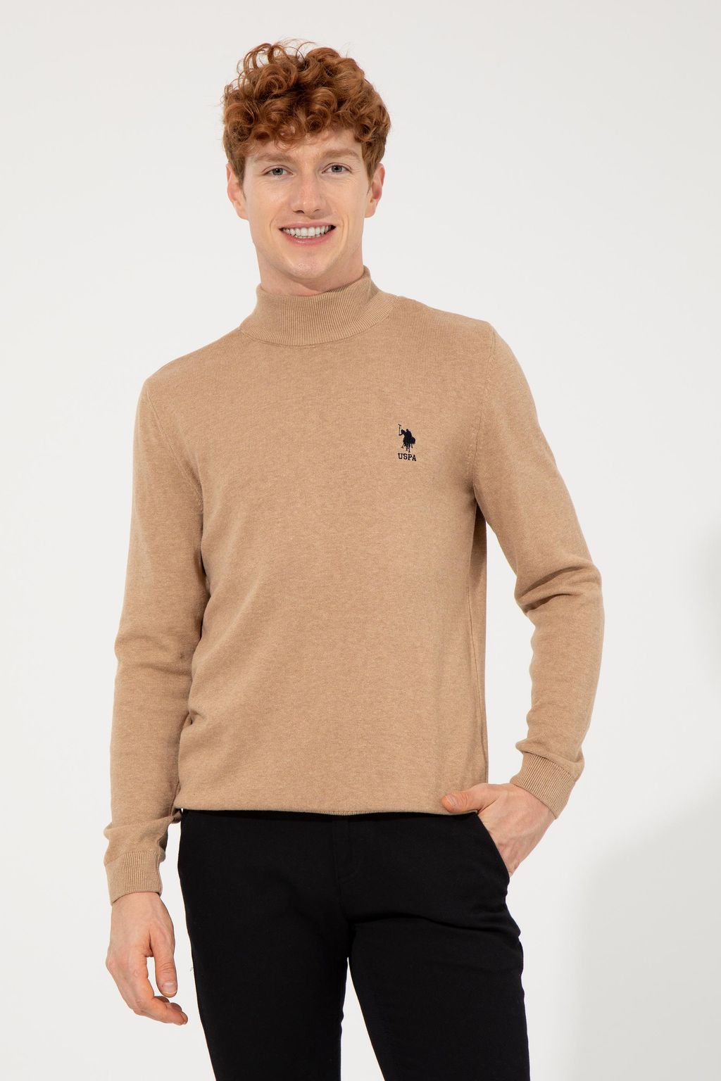 U. S. Polo Assn Мужской базовый свитер светло-коричневого меланжевого цвета - U.s. polo assn фото 2