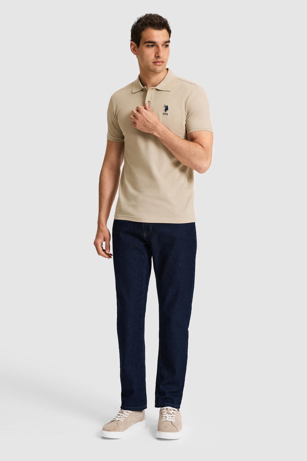 Erkek Slim Fit Polo Yaka A__k Haki Basic Ti__rt