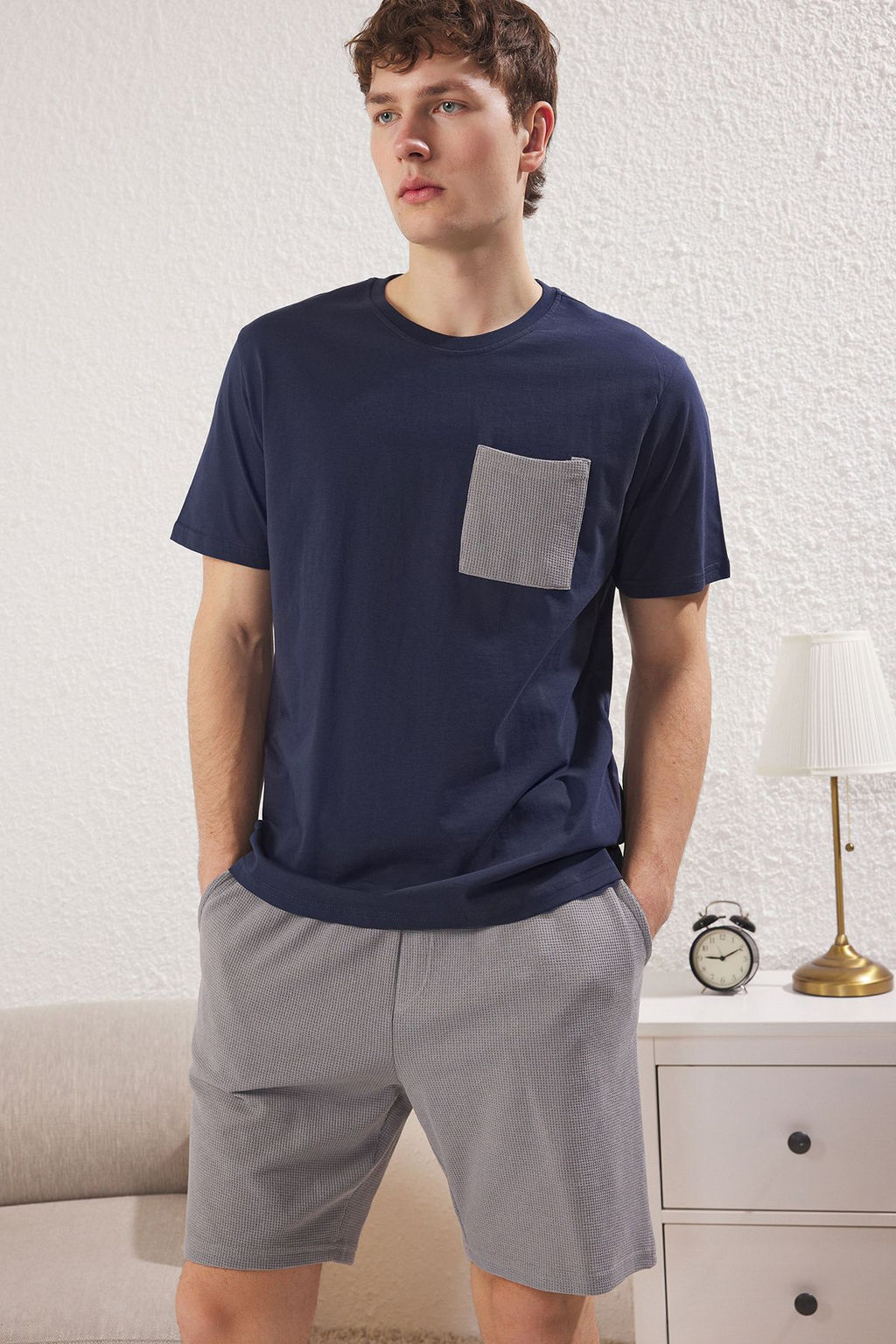 TRENDYOL MAN Lacivert Gri Regular Fit Dokulu Sortlu Orme Pijama Tak?m? TMNSS25PT00021 - Trendyolmilla фото 8