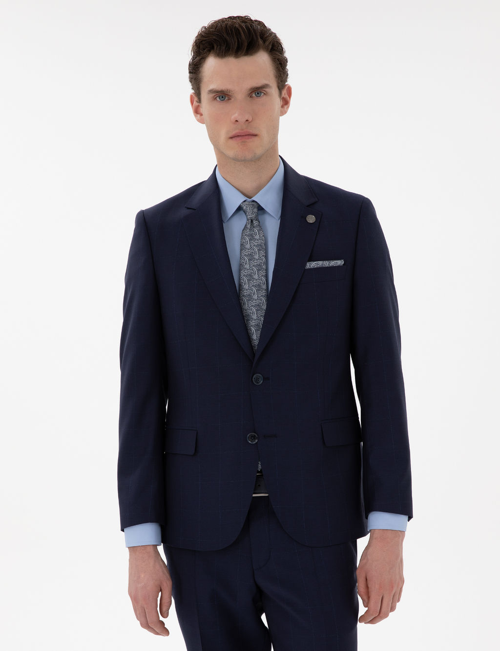 Lacivert Slim Fit %100 Y_n Ekose Tak_m Elbise