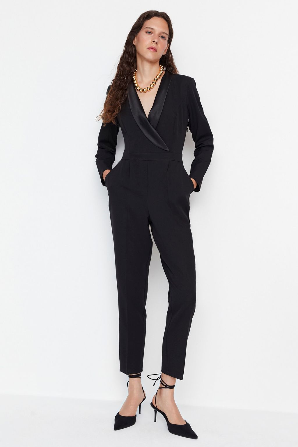 TRENDYOLMILLA Limited Edition Uzun Siyah Saten Yaka Detayl? Dokuma Tulum TWOAW23TU00052  фото 2