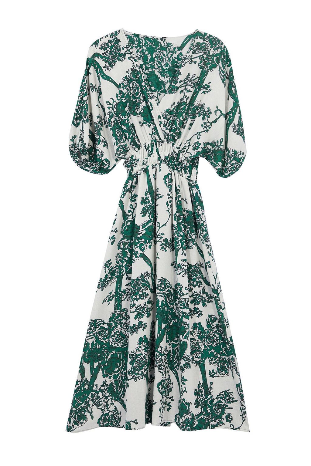 Yesil Cicekli A Kesim Kruvaze Yaka Midi Dokuma Elbise TWOSS24EL01028